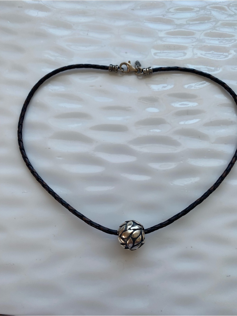 Sterling Silver Filigree Bead on Brown  Braided Cord Necklace - Picture 3 of 9
